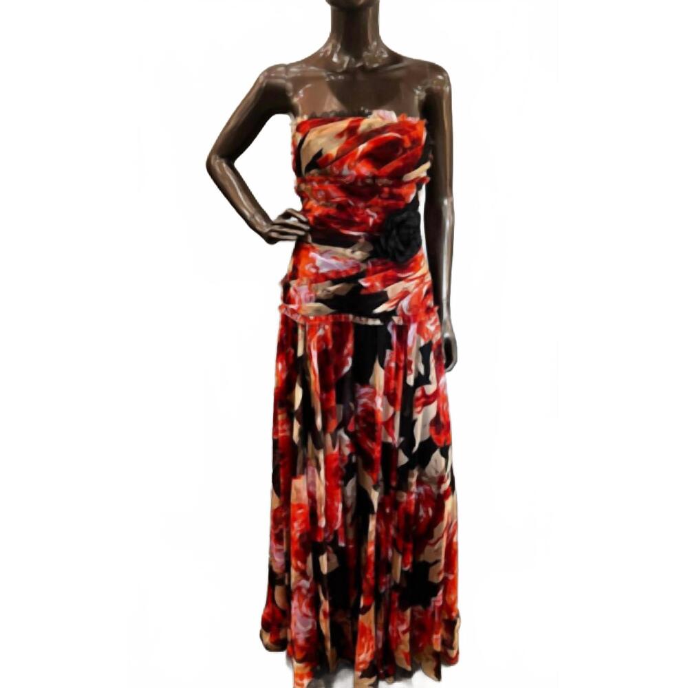 NEW JS COLLECTIONS women's strapless chiffon floral printed long dress in orange